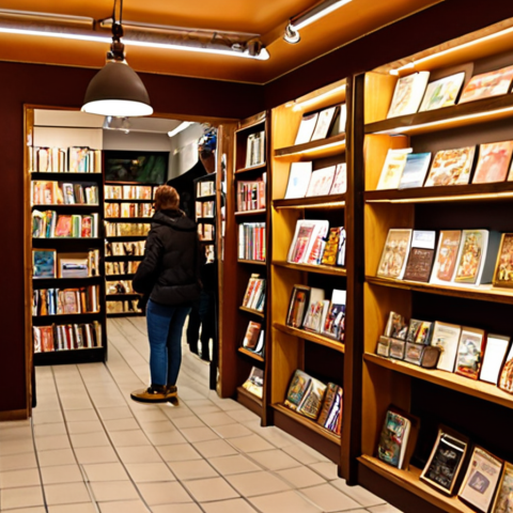 **

A cozy bookstore interior with warm lighting. Patrons are browsing shelves filled with books in Russian. A coffee shop area is visible, with people enjoying coffee and pastries while reading. Local crafts and souvenirs are displayed alongside the books. The overall atmosphere should be inviting and suggest a cultural hub. The focus should be on the atmosphere of community and the joy of reading.

**