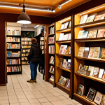**

A cozy bookstore interior with warm lighting. Patrons are browsing shelves filled with books in Russian. A coffee shop area is visible, with people enjoying coffee and pastries while reading. Local crafts and souvenirs are displayed alongside the books. The overall atmosphere should be inviting and suggest a cultural hub. The focus should be on the atmosphere of community and the joy of reading.

**