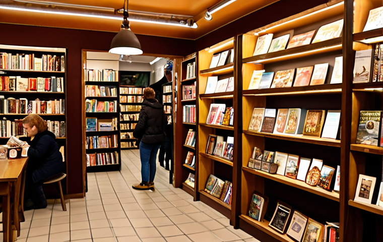 **

A cozy bookstore interior with warm lighting. Patrons are browsing shelves filled with books in Russian. A coffee shop area is visible, with people enjoying coffee and pastries while reading. Local crafts and souvenirs are displayed alongside the books. The overall atmosphere should be inviting and suggest a cultural hub. The focus should be on the atmosphere of community and the joy of reading.

**