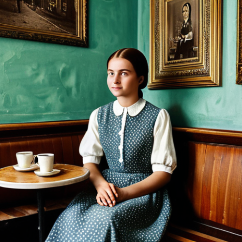 Home 6 Vintage Cafe Corner**
A fully clothed young woman in a modest vintage dress sitting in a cozy corner of "Babushkin Sunduk" cafe, antique furniture, old photographs on the wall, safe for work, appropriate content, perfect anatomy, natural proportions, well-formed hands, proper finger count, professional photography, high quality.
**