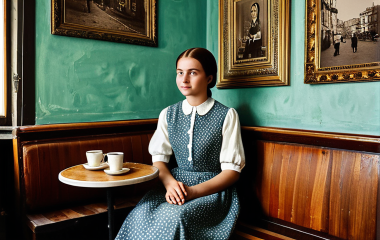 Vintage Cafe Corner**

A fully clothed young woman in a modest vintage dress sitting in a cozy corner of "Babushkin Sunduk" cafe, antique furniture, old photographs on the wall, safe for work, appropriate content, perfect anatomy, natural proportions, well-formed hands, proper finger count, professional photography, high quality.

**
