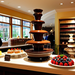 Chocolate River Cafe**

"A bright and inviting chocolate cafe interior, featuring a multi-tiered chocolate fountain with fruits and pastries for dipping, shelves displaying handcrafted chocolates, fully clothed patrons enjoying chocolate desserts at tables, appropriate lighting, safe for work, perfect anatomy, correct proportions, family-friendly atmosphere, professional photography, high quality."

**