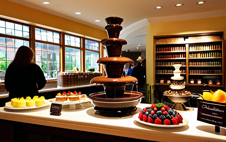Chocolate River Cafe**

"A bright and inviting chocolate cafe interior, featuring a multi-tiered chocolate fountain with fruits and pastries for dipping, shelves displaying handcrafted chocolates, fully clothed patrons enjoying chocolate desserts at tables, appropriate lighting, safe for work, perfect anatomy, correct proportions, family-friendly atmosphere, professional photography, high quality."

**